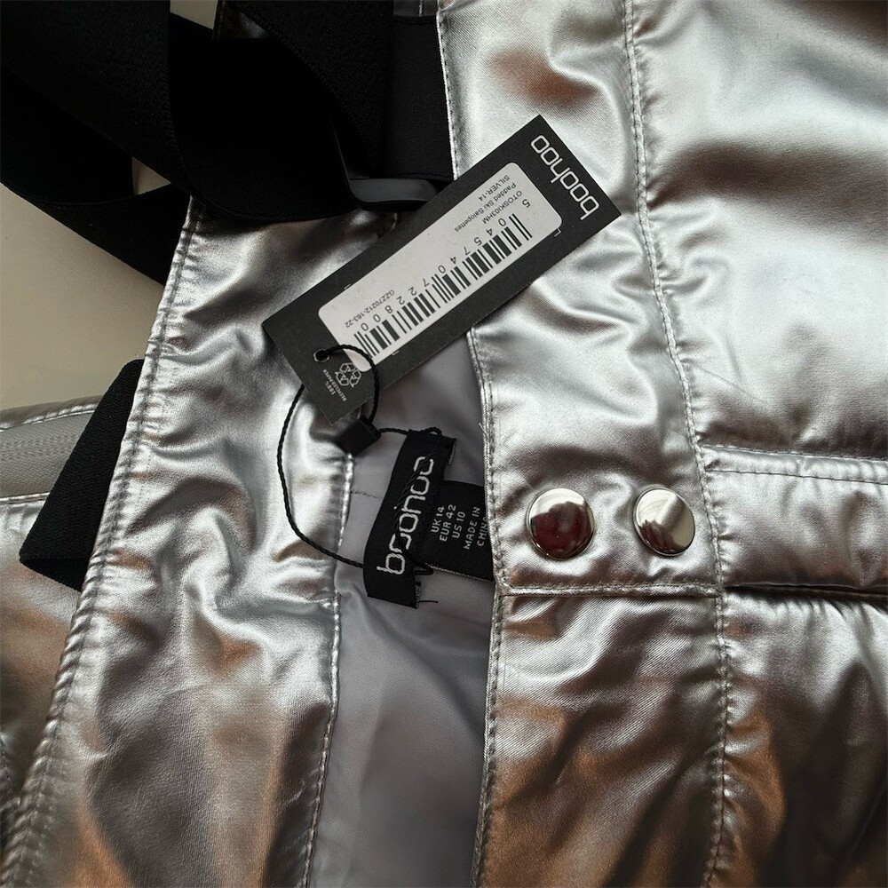 Boohoo Snow Bib Pants Overalls Womens Size 10 Silver Metallic Ski - Picture 2 of 4
